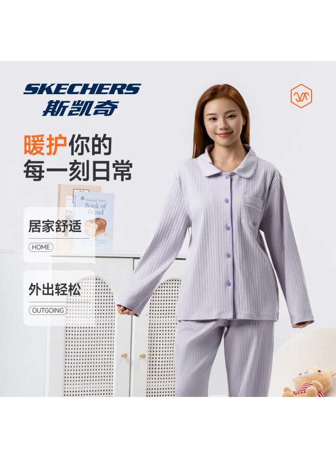 Skechers Women's 100% Cotton Pajama Set Autumn Winter Cardigan Long Sleeve Long Pants Lapel Loungewear Set