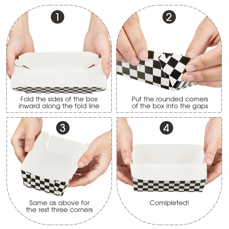 Tessco 100 Pieces Checkered Paper Food Trays 2 lb Race Car Birthday Party Supplies Plaid Black and White Popcorn Trays Hot Dog Chips Trays Paper Baskets Small Food Boats  Need to Assemble - Image 4