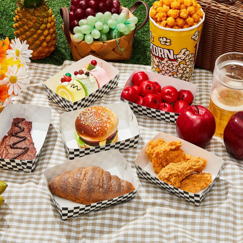Tessco 100 Pieces Checkered Paper Food Trays 2 lb Race Car Birthday Party Supplies Plaid Black and White Popcorn Trays Hot Dog Chips Trays Paper Baskets Small Food Boats  Need to Assemble - Image 1