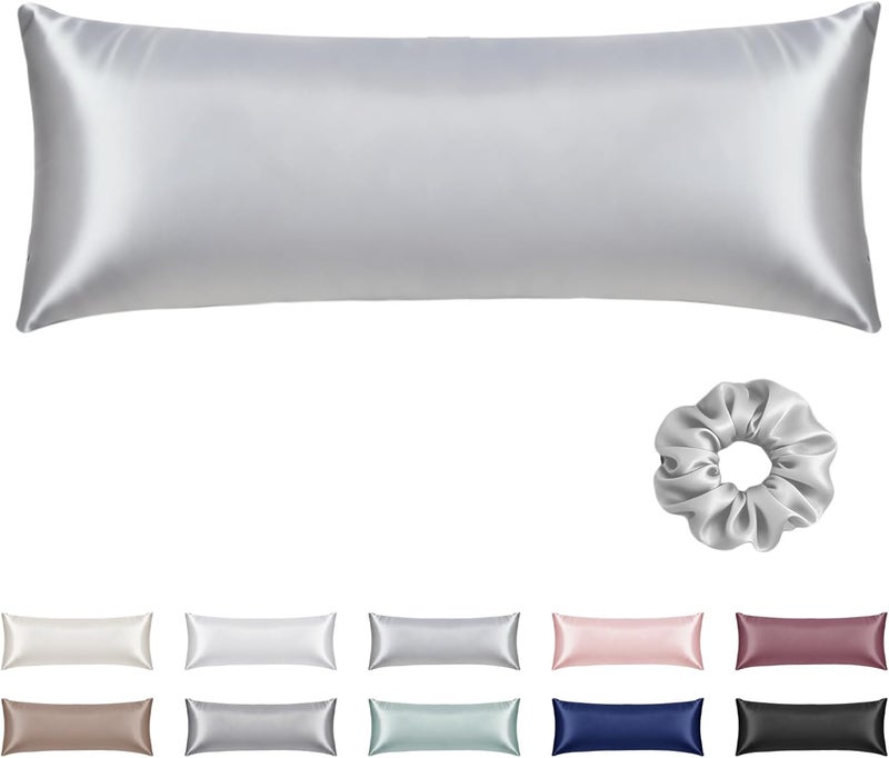 Vielit Satin Body Pillow Pillowcase 1pc,Silky Body Pillow Cover Similar to Silk Pillow Cases Soft Body Pillow Case 20x54 & Envelope Closure,Gift for Women Men Silver Grey & 1 Satin Scunchie - Image 1