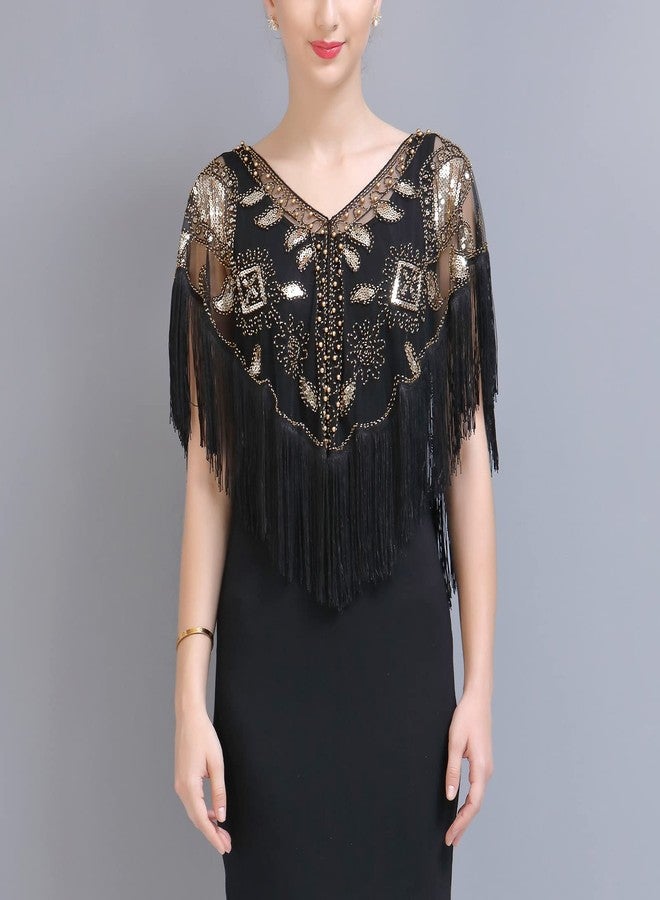 شال فيميت 1920 لفساتين السهرة، شال ذو شراشيب ريترو للنساء على طراز غاتسبي (النمط 1 - أسود وذهبي) - Image 3