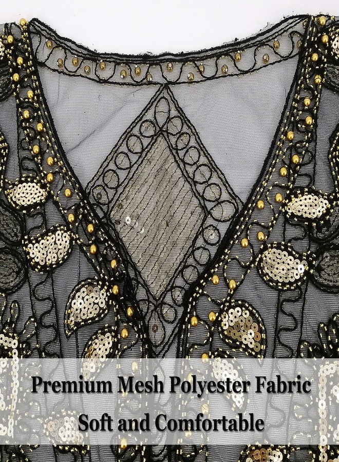 شال فيميت 1920 لفساتين السهرة، شال ذو شراشيب ريترو للنساء على طراز غاتسبي (النمط 1 - أسود وذهبي) - Image 5