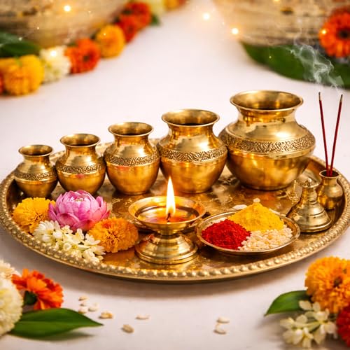 Putrika Brass Kubera Kudam Set of 5|Gubera Panai Set|Matki Set of 5|Kalash Set|Lakshmi Kuberar Lucky Pot|kuberar panai for Pooja/Home Decor [Weight: 275gm Height: 7.5inch] - Image 4