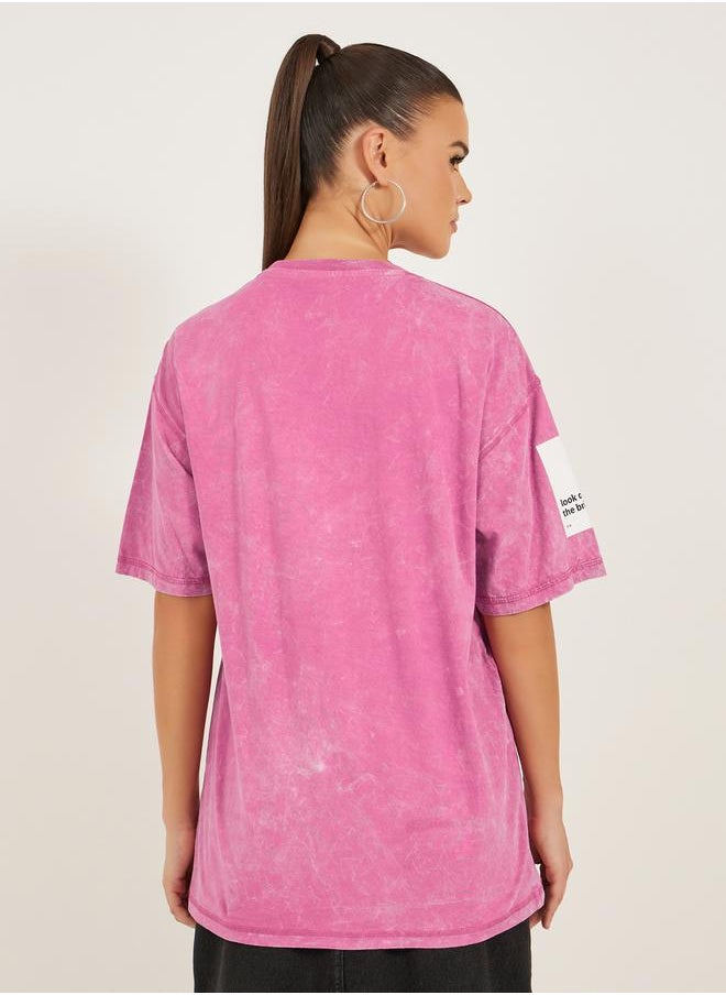 Styli - Cotton Acid wash with slogan printed sleeve and flat lock stich Short Sleeve Oversized Round Neck Longline T-shirt 16 - Image 1
