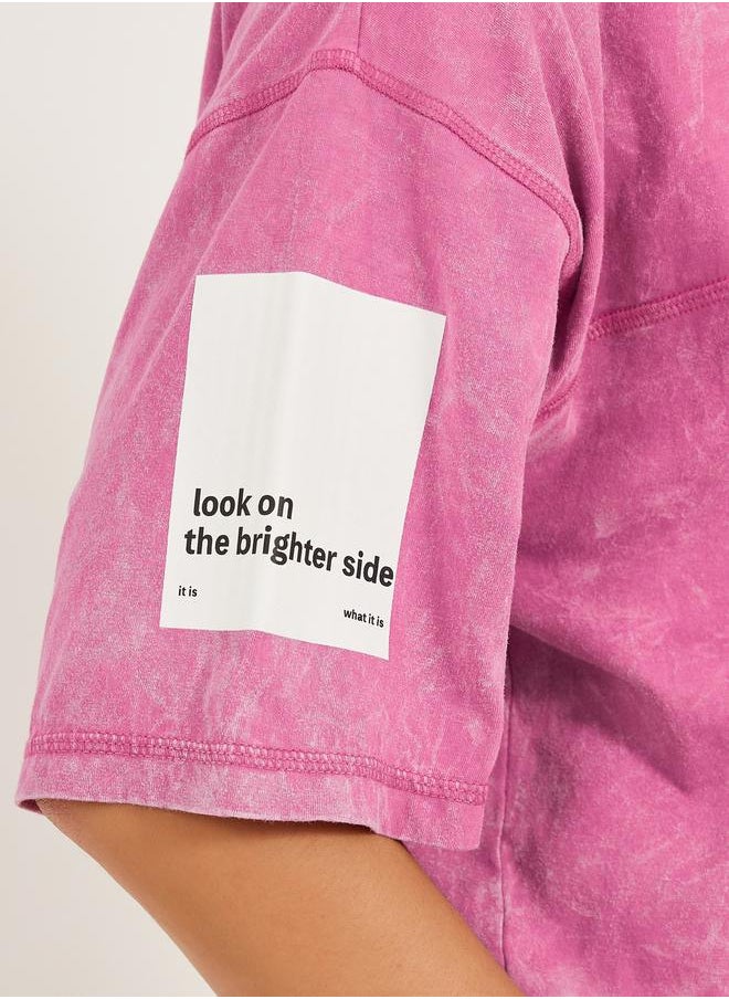Styli - Cotton Acid wash with slogan printed sleeve and flat lock stich Short Sleeve Oversized Round Neck Longline T-shirt 16 - Image 1