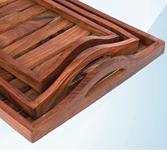 MITRIA TRADERS Wooden Handmade Rectangular Serving Tray Set of 3, for Tea, Coffee, Snacks Kitchen and Dining Table,14X10 12X8 and 10X6 Inches - Image 5