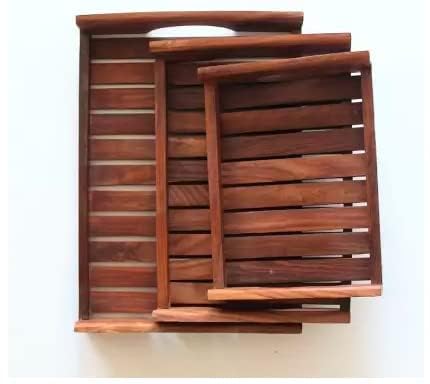 MITRIA TRADERS Wooden Handmade Rectangular Serving Tray Set of 3, for Tea, Coffee, Snacks Kitchen and Dining Table,14X10 12X8 and 10X6 Inches - Image 4