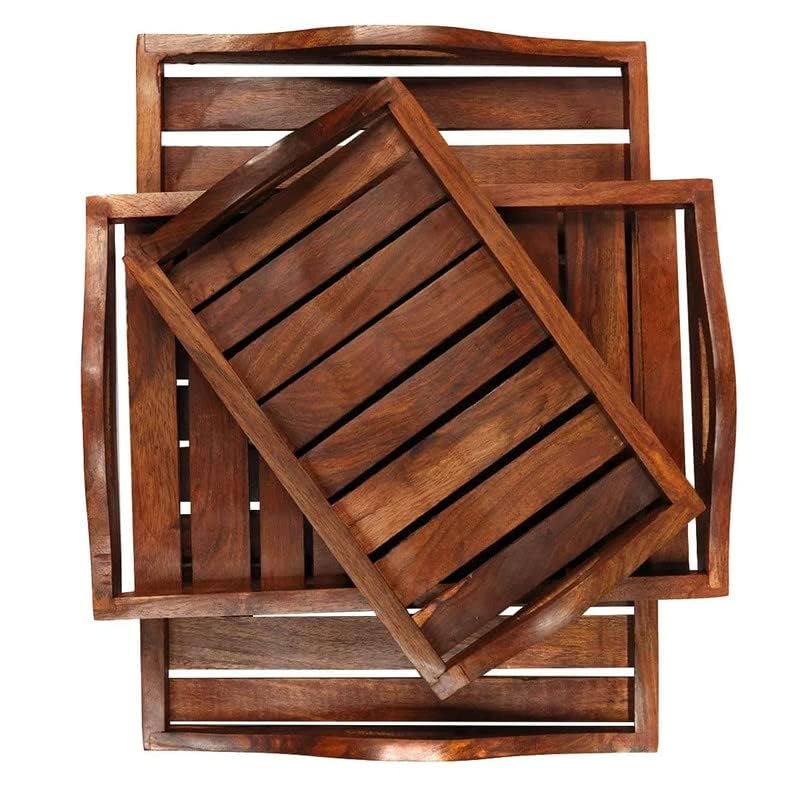 MITRIA TRADERS Wooden Handmade Rectangular Serving Tray Set of 3, for Tea, Coffee, Snacks Kitchen and Dining Table,14X10 12X8 and 10X6 Inches - Image 2