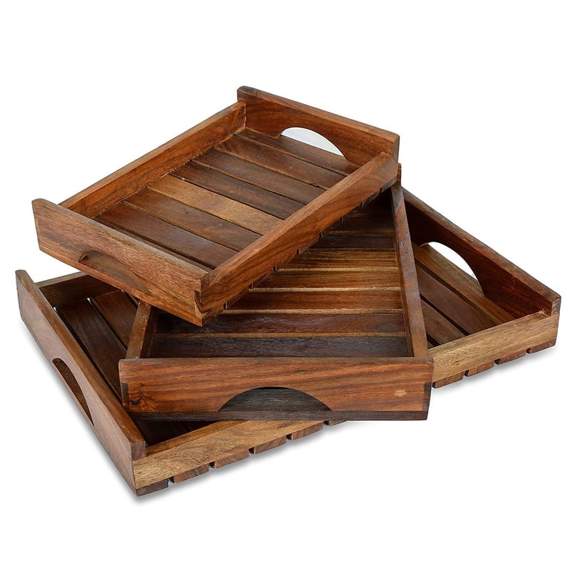 MITRIA TRADERS Wooden Handmade Rectangular Serving Tray Set of 3, for Tea, Coffee, Snacks Kitchen and Dining Table,14X10 12X8 and 10X6 Inches - Image 1
