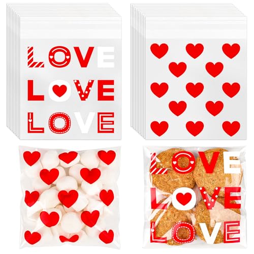 CUDICY 200pcs Cellophane Bags 5.5x5.5 Self Sealing Cookie Bags for Packaging White Cellophane Treat Bag for Gift Giving Packaging Valentines Birthday Party Favor Candy Goodie Homemade Bakery (Valentine) - Image 1