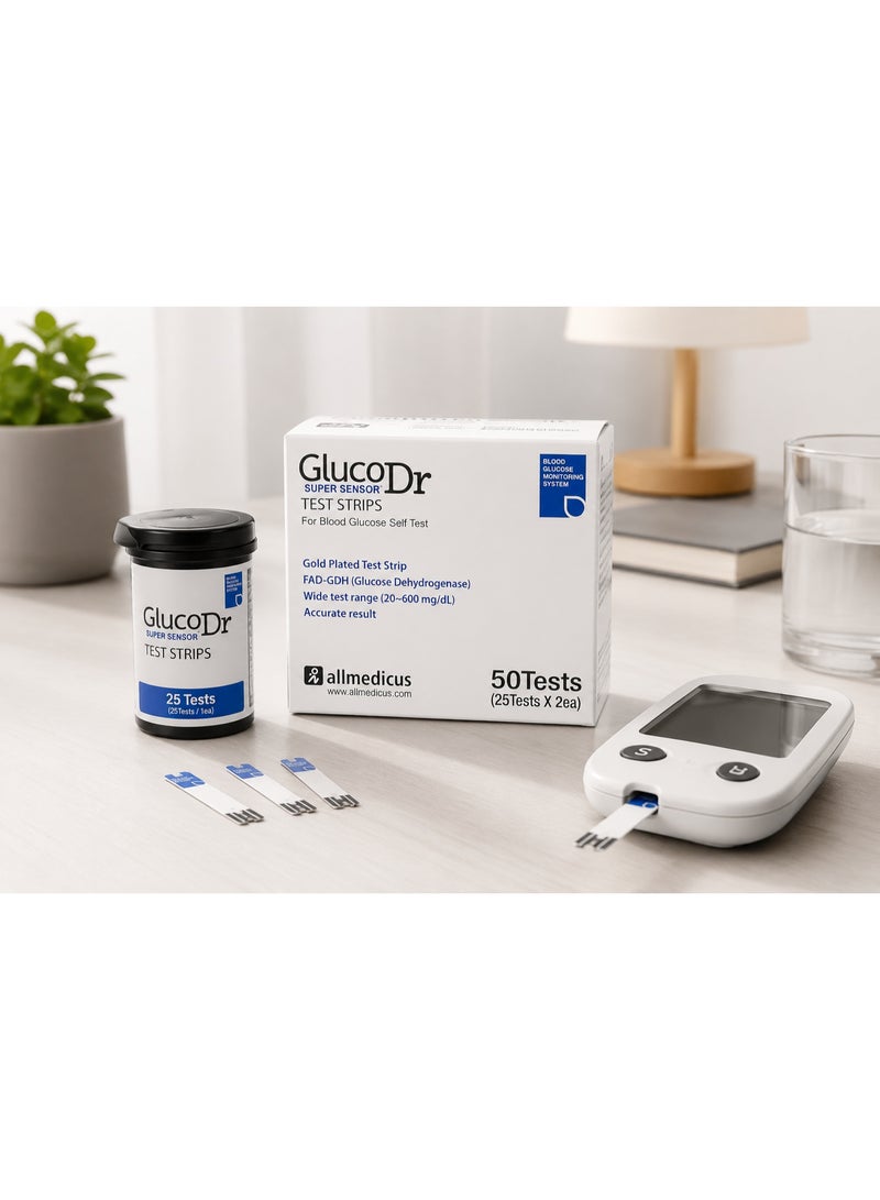 GlucoDr Super Sensor Blood Glucose Test Strips - Premium Gold Plated Strips with FAD-GDH Technology - 50 Count (2 Vials of 25) - Image 3