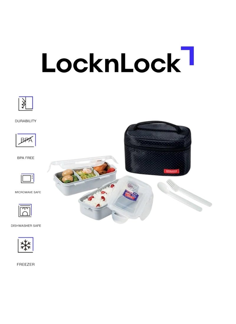 LOCK & LOCK LocknLock 2PC Insulated Lunch Bag Set - Black, Airtight and BPA-Free Containers  - Image 1