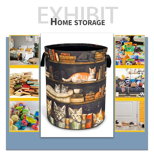 NUTAINLA Cat On The Bookshelf Laundry Basket Cute Pet Foldable Waterproof Oxford Cloth Funny Tote Bag Laundry Hamper Clothes Storage Bucket Toy Organizer For Bathroom/Laundry Storage/Bedroom 18.9x16.5 Inch - Image 5