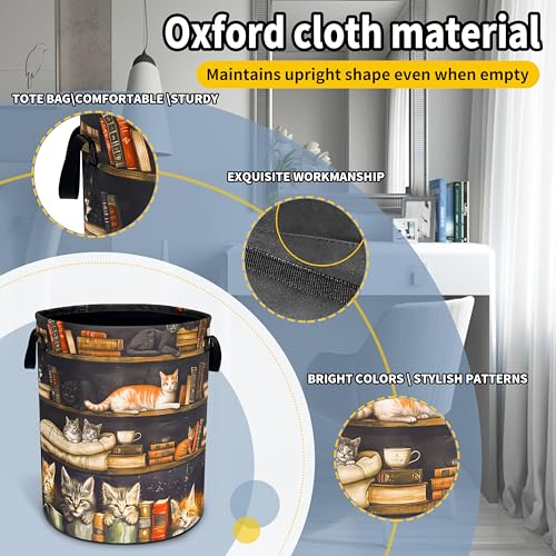 NUTAINLA Cat On The Bookshelf Laundry Basket Cute Pet Foldable Waterproof Oxford Cloth Funny Tote Bag Laundry Hamper Clothes Storage Bucket Toy Organizer For Bathroom/Laundry Storage/Bedroom 18.9x16.5 Inch - Image 3