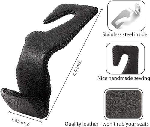 AMVOYOA Headrest Hooks for Car, Back Seat Organizer Black Leather Hanger Holder Hook, for Hanging Purses and Bags and Coats, Pack of 4 - Image 5