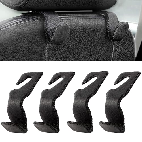 AMVOYOA Headrest Hooks for Car, Back Seat Organizer Black Leather Hanger Holder Hook, for Hanging Purses and Bags and Coats, Pack of 4 - Image 1