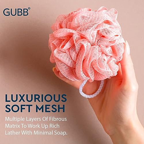 GUBB Lux Bath Sponge Loofah - Soft & Fluffy With Multiple Layers of Fibrous Matrix For A Fun Shower Time | Loufa/Luffa/Lufa/Poof/Pouf - Perfect Loofahs/Loofas for Men and Women | Bathing Scrubber For Body - 2 Loofahs - Pebble & Coral - Image 3