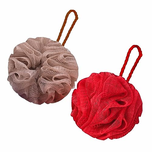 GUBB Lux Bath Sponge Loofah - Soft & Fluffy With Multiple Layers of Fibrous Matrix For A Fun Shower Time | Loufa/Luffa/Lufa/Poof/Pouf - Perfect Loofahs/Loofas for Men and Women | Bathing Scrubber For Body - 2 Loofahs - Pebble & Coral - Image 1