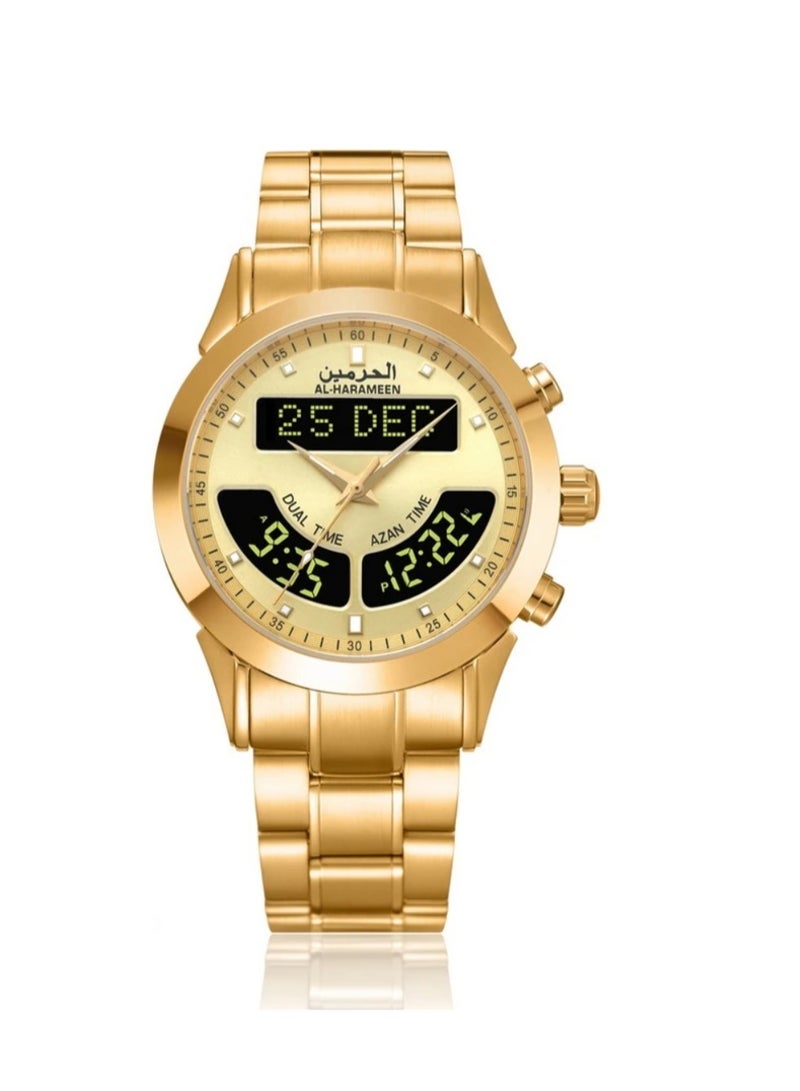 الحرمين ساعة الحرمين 6102FGB الإسلامية للرجال - شاشة عرض تناظرية ورقمية، أوقات الصلاة، اتجاه القبلة، ستانلس ستيل، مقاومة للماء