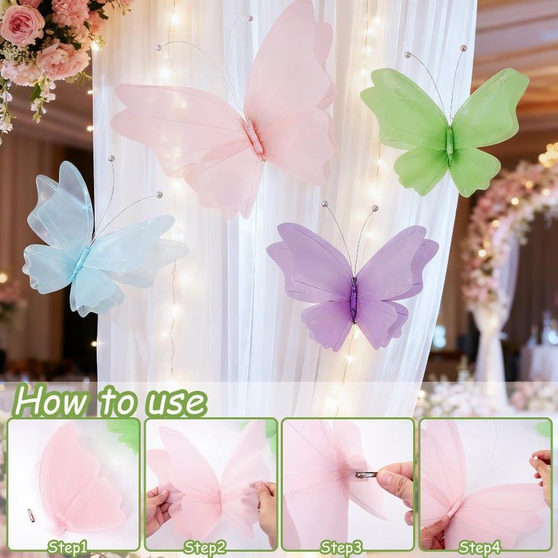 SUNBEAUTY Butterfly Party Decorations, 3D Butterflies, Water Proof Wedding Decor, Hanging Butterflies for Baby Shower Birthday Decor Party Girls, Women, PET Plastic Butterfly for Wall Decor, Set of 4 - Image 4