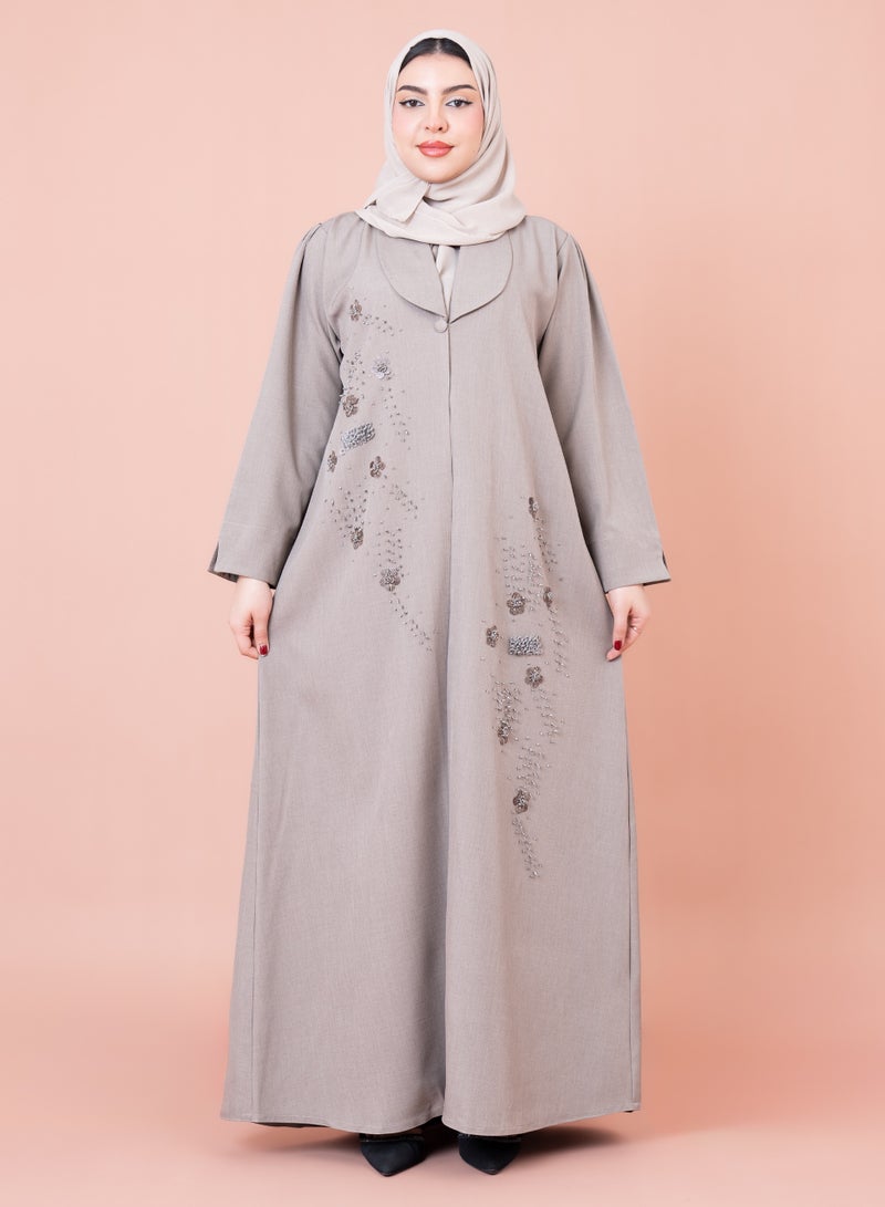 IKKXA Formal Embroidery Abaya AIK045 Brown - Image 1