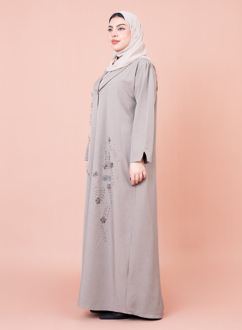IKKXA Formal Embroidery Abaya AIK045 Brown - Image 3