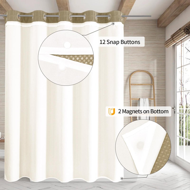 MitoVilla No Hooks Needed Beige Waffle Shower Curtain with Snap-in Liner  Modern Waffle Weave Heavy Duty Fabric Cloth Shower Curtain for Luxury Neutral Hotel Spa Bathroom Decor  72 x 74  Beige/Khaki - Image 1