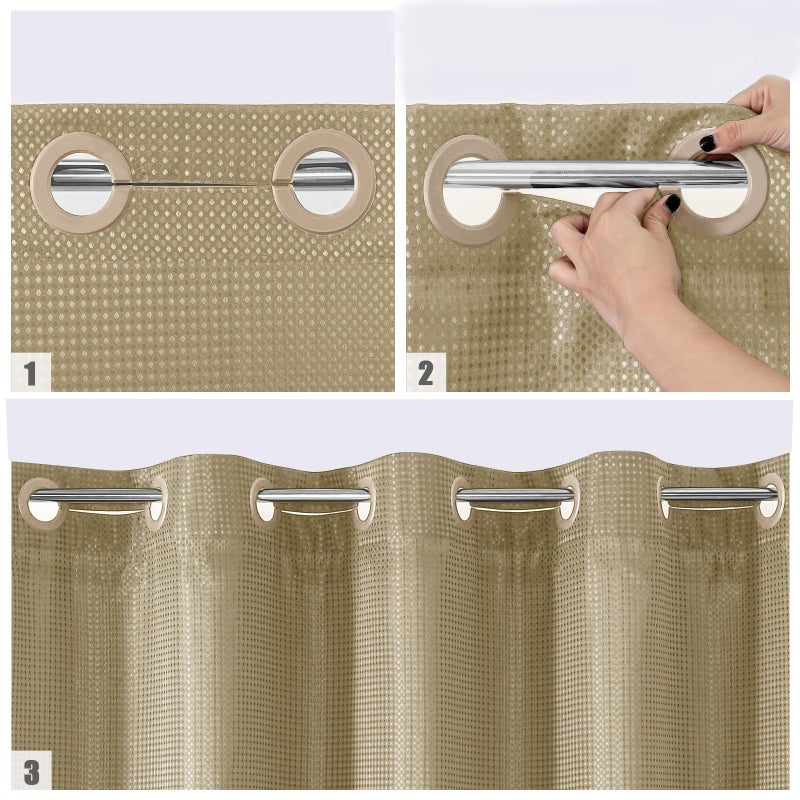 MitoVilla No Hooks Needed Beige Waffle Shower Curtain with Snap-in Liner  Modern Waffle Weave Heavy Duty Fabric Cloth Shower Curtain for Luxury Neutral Hotel Spa Bathroom Decor  72 x 74  Beige/Khaki - Image 3