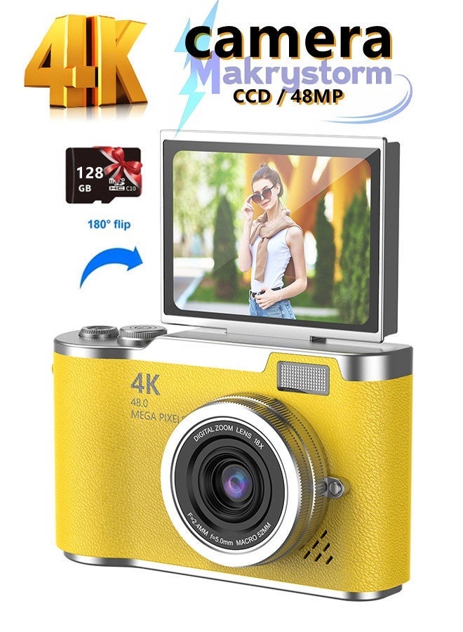 ماكرايستورم 4k CCD Digital Zoom الطالب الكاميرا الرقمية 48MP كاميرا التصوير الفوتوغرافي الرقمي المحمول 180 درجة فليب شاشة كاميرا سيلفي بطاقة SD 128 جيجا بايت - Image 1
