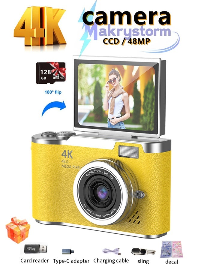 ماكرايستورم 4k CCD Digital Zoom الطالب الكاميرا الرقمية 48MP كاميرا التصوير الفوتوغرافي الرقمي المحمول 180 درجة فليب شاشة كاميرا سيلفي بطاقة SD 128 جيجا بايت - Image 1