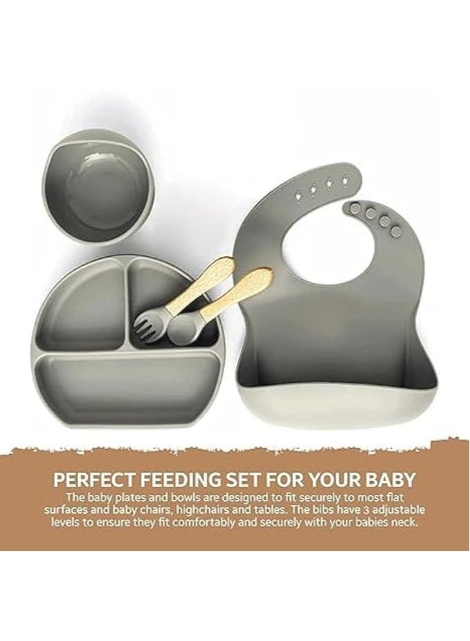 S2C 5 Pcs Silicone Baby Feeding Set, Baby Led Weaning Set, Feeding Supplies for Toddlers New Born Baby Gift Set, Suction Silicone Baby Plate with Divider,Baby Feeder,Bib,Spoon (GREY) - Image 5