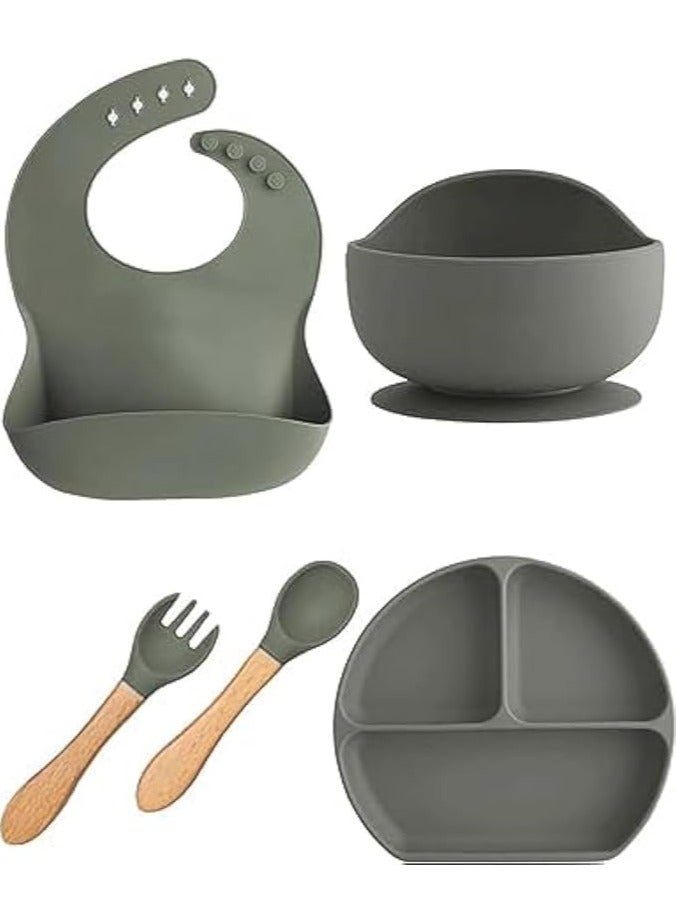 S2C 5 Pcs Silicone Baby Feeding Set, Baby Led Weaning Set, Feeding Supplies for Toddlers New Born Baby Gift Set, Suction Silicone Baby Plate with Divider,Baby Feeder,Bib,Spoon (GREY) - Image 1