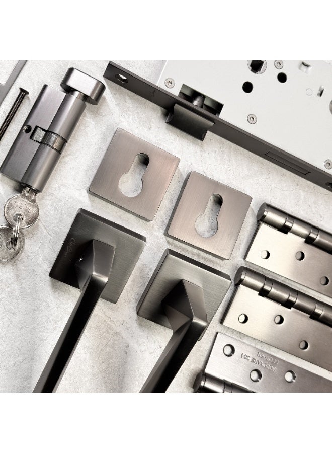 CINCINNO Orion Premium Aluminium Door Lock Set – Complete Door Handle Kit with Lock Body, Cylinder, Hinges, Escutcheon, Striker Plate, Keys – Secure &Stylish for Home and Office Doors (Gun Metal Grey) - Image 3