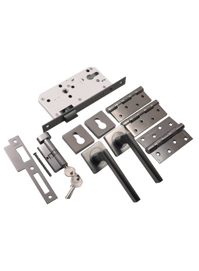 CINCINNO Orion Premium Aluminium Door Lock Set – Complete Door Handle Kit with Lock Body, Cylinder, Hinges, Escutcheon, Striker Plate, Keys – Secure &Stylish for Home and Office Doors (Gun Metal Grey) - Image 1