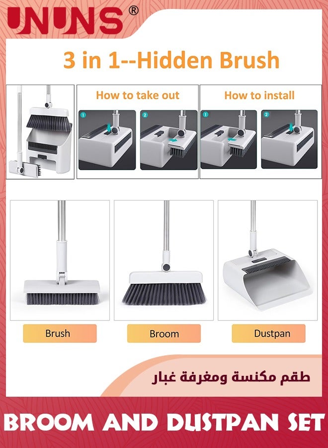 UNUNS Broom With Dustpan Combo Set,Brooms for Sweeping Indoor and Outdoor 3 in 1 Long Handle Broom and Dustpan Set,Push Broom Heavy-Duty for Home Cleaning Bathroom Kitchen,White  - Image 2