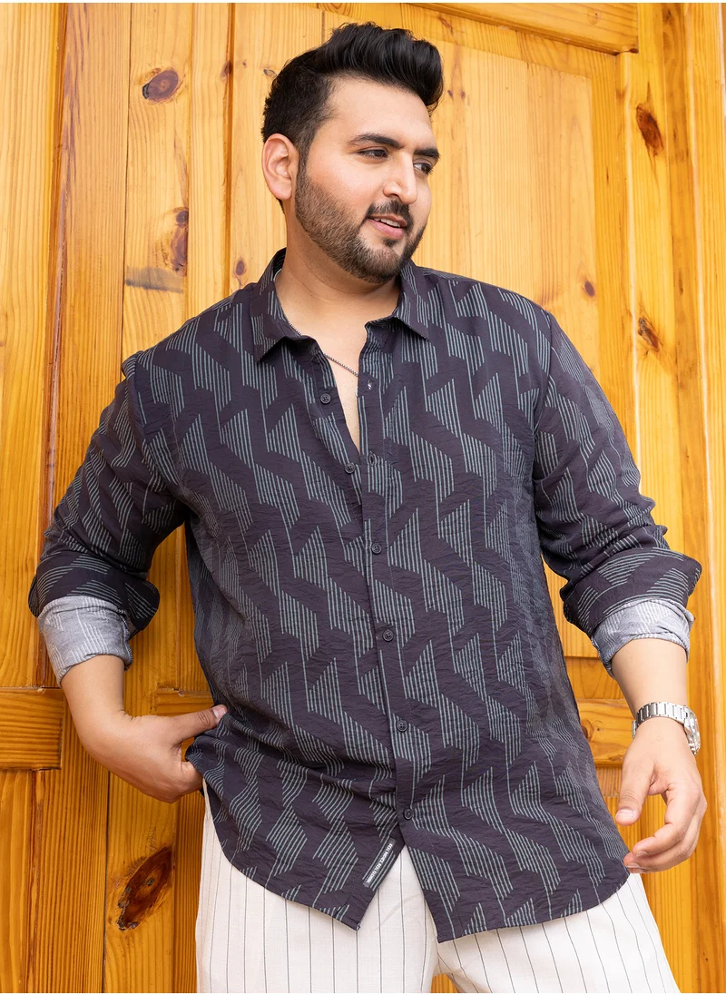 انستافاب بلس Instafab Plus Men's Prussian Blue Pinstriped-Track Regular Shirt For Casual Wear | Spread Collar | Long Cuffed Sleeves | Button Closure | Plus Size Shirt Crafted With Comfort Fit For Everyday Wear