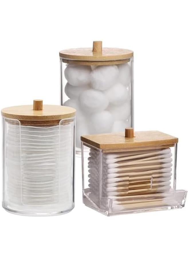 HOOKOR Cotton Swab/Ball/Pad Holder with Vanity Tray, Qtip Apothecary Jar, Clear Bathroom Containers Dispenser for Storage 3 Pack Wood Lids (2 Round+1 Square) - Image 1