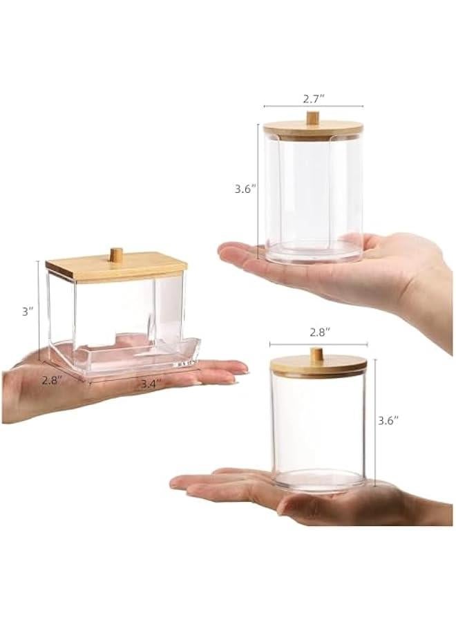 HOOKOR Cotton Swab/Ball/Pad Holder with Vanity Tray, Qtip Apothecary Jar, Clear Bathroom Containers Dispenser for Storage 3 Pack Wood Lids (2 Round+1 Square) - Image 2
