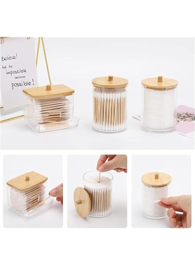 HOOKOR Cotton Swab/Ball/Pad Holder with Vanity Tray, Qtip Apothecary Jar, Clear Bathroom Containers Dispenser for Storage 3 Pack Wood Lids (2 Round+1 Square) - Image 3