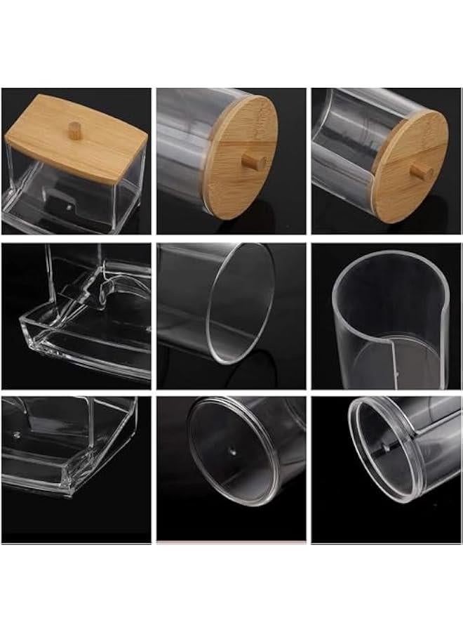HOOKOR Cotton Swab/Ball/Pad Holder with Vanity Tray, Qtip Apothecary Jar, Clear Bathroom Containers Dispenser for Storage 3 Pack Wood Lids (2 Round+1 Square) - Image 4