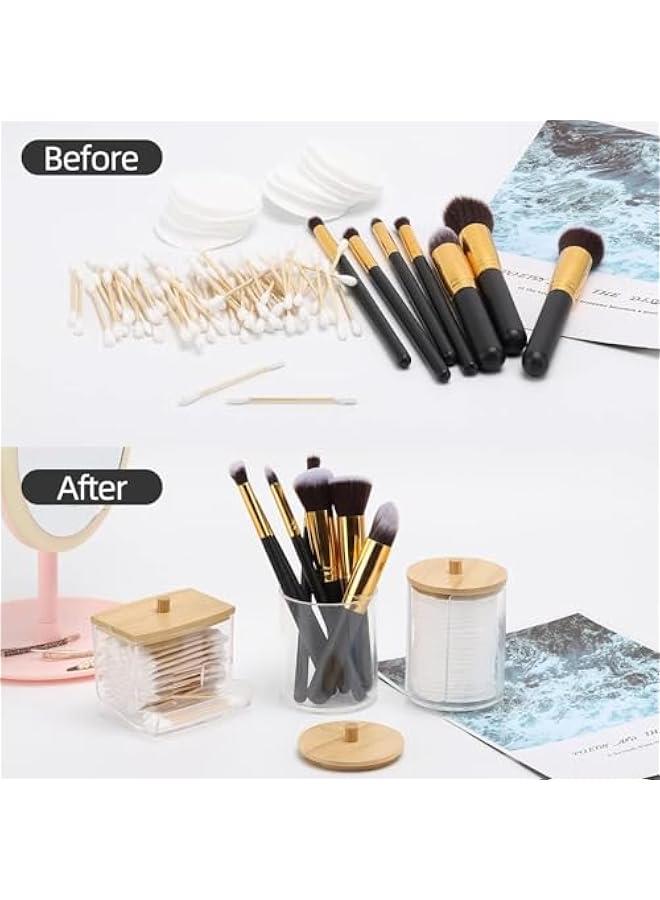 HOOKOR Cotton Swab/Ball/Pad Holder with Vanity Tray, Qtip Apothecary Jar, Clear Bathroom Containers Dispenser for Storage 3 Pack Wood Lids (2 Round+1 Square) - Image 5
