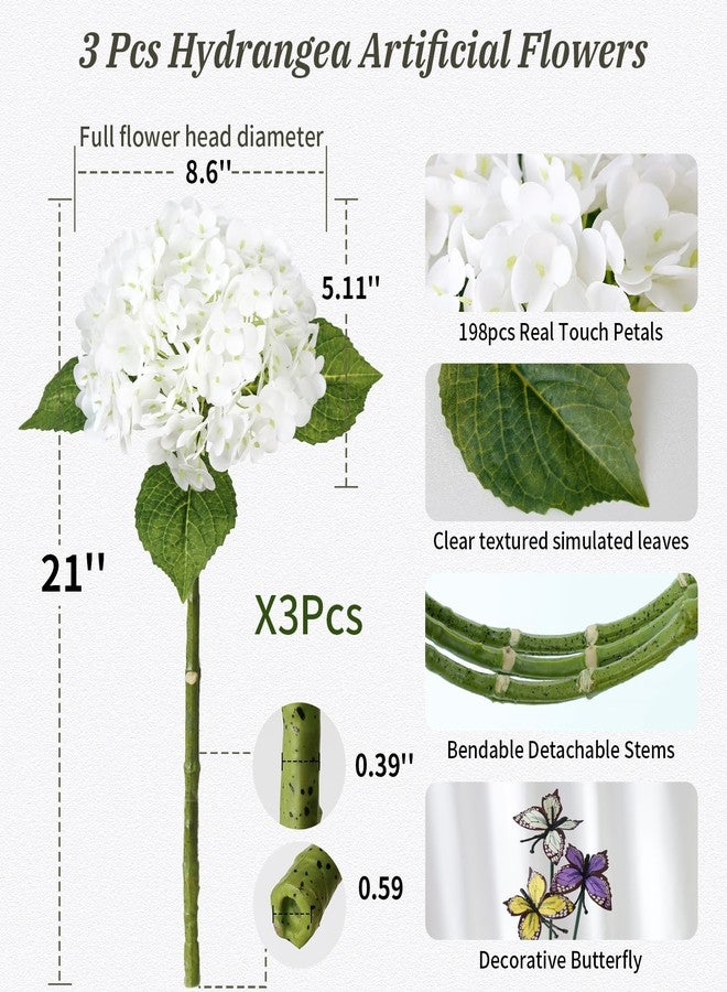 Leftover 3Pcs 21" White Hydrangea Artificial Flowers,Latex Real Touch Faux Hydrangea Flowers with 3 PCS Butterflies for Hydrangea Decor,Detachable Floral Arrangements for Centerpiece Table Decorations - Image 2