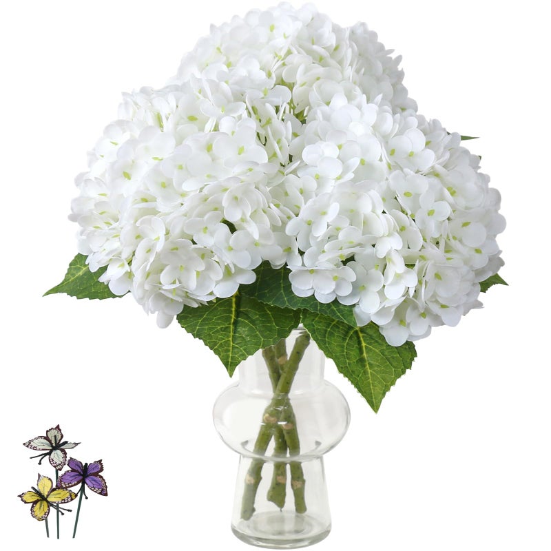Leftover 3Pcs 21" White Hydrangea Artificial Flowers,Latex Real Touch Faux Hydrangea Flowers with 3 PCS Butterflies for Hydrangea Decor,Detachable Floral Arrangements for Centerpiece Table Decorations - Image 1