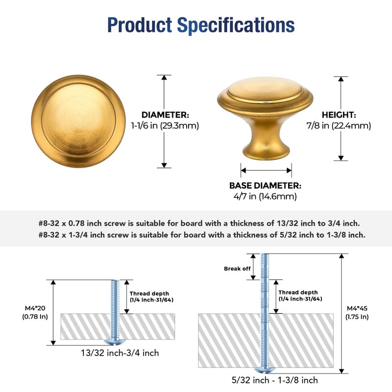JOY DECOR 18 Pack Gold Cabinet Drawer Hardware 30mm Kitchen Cabinet Knobs Drawer Pulls with Installation Screws for Dressers Kitchens Cupboard - Image 3