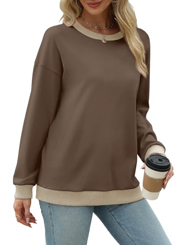 Saloogoe Womens Tops Long Sleeve Loose Fit Sweatshirts Fashion Chocolate Brown Fall Clothes 2025 Trendy Outfits XL - Image 3