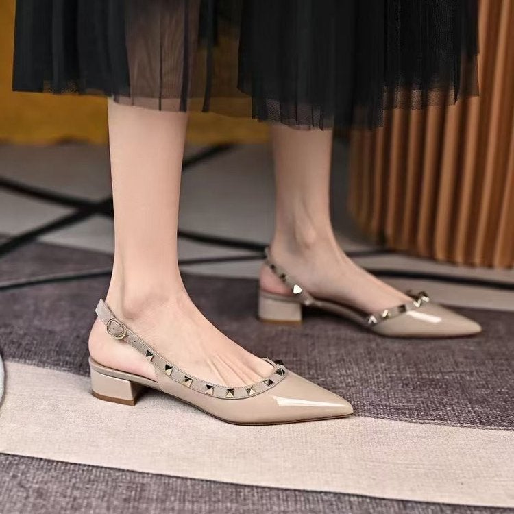 2025 Style Rivet Buckle Mid-Heel Spring Toe Pointed Toe Thick Heel Willow Shoes Sandals And Slippers For Women To Wear Outside - Image 5