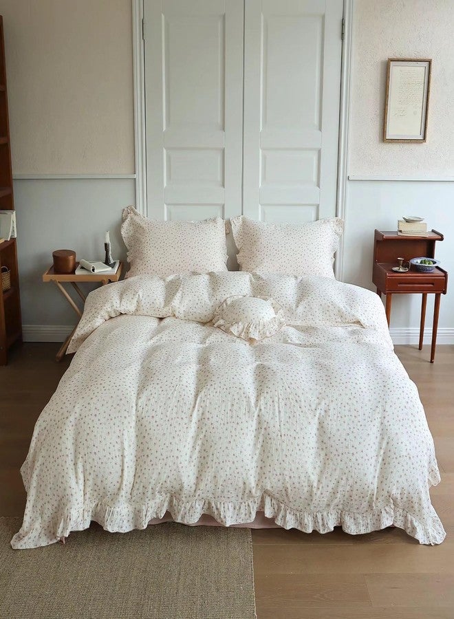 BuLuTu Chic Princess Duvet Cover Full for Teens Girls Pink Floral Comforter Cover 79"x90", Cotton Muslin Quilt Cover with Ruffles Vintage Cottage Bedding, Zipper Closure, No Pillow - Image 1