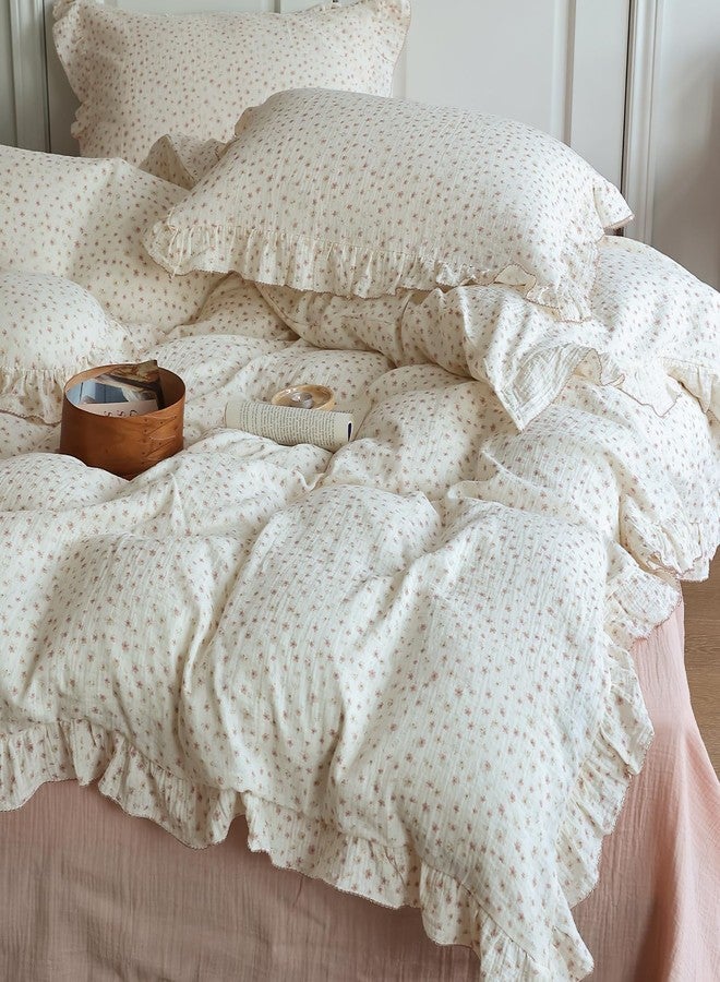 BuLuTu Chic Princess Duvet Cover Full for Teens Girls Pink Floral Comforter Cover 79"x90", Cotton Muslin Quilt Cover with Ruffles Vintage Cottage Bedding, Zipper Closure, No Pillow - Image 3