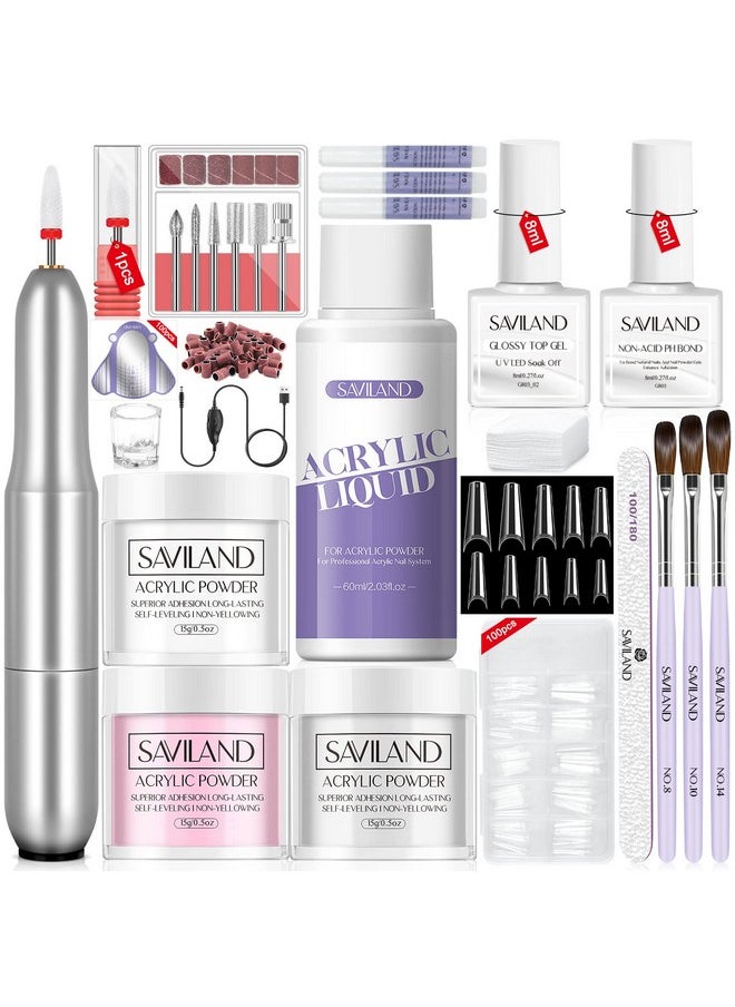 Saviland - SAVILAND Acrylic Nail Kit with Nail Tips - 3 Colors Acrylic Powder Liquid Set 100pcs Half Cover False Nail Tips Acid-free Primer Top Coat Acrylic Nail Kit Set for Beginners DIY Nail Art Extension - Image 1