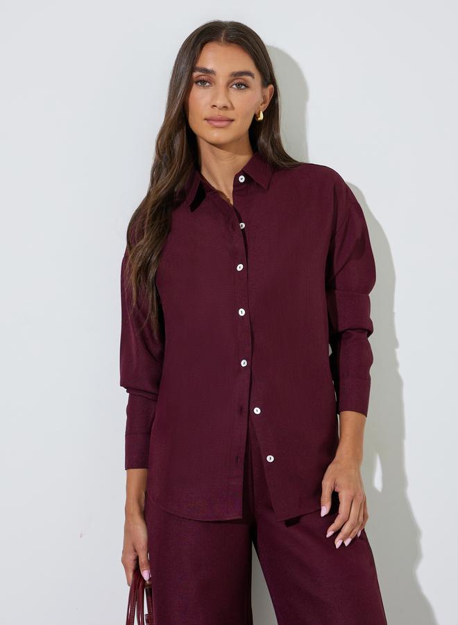 Styli Burgundy Solid Long Sleeves Button-Up Oversized Shirt - Image 1